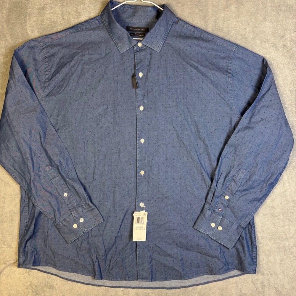 Tommy Hilfiger TH Flex Mens 2XL Blue Micro Print Regular Fit Stretch Shirt NWT